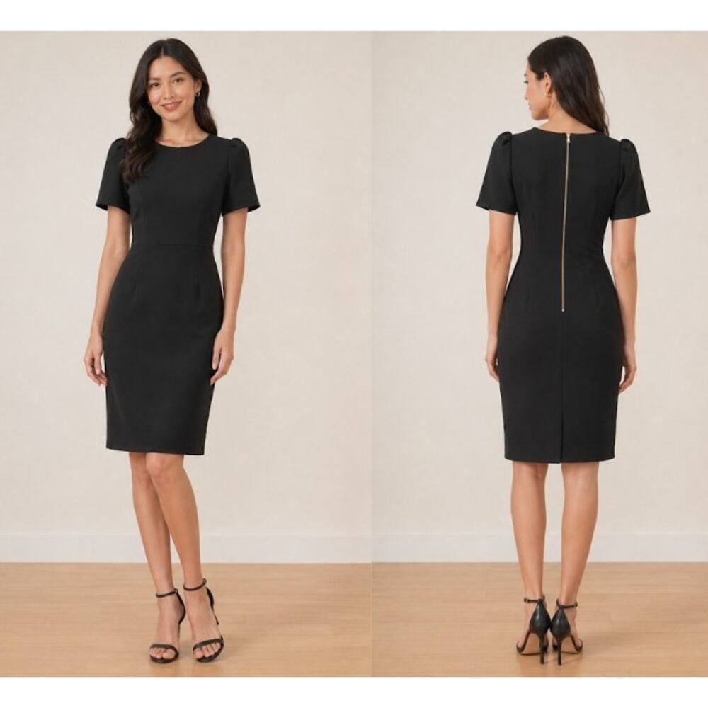 Calvin Klein Pleated Sleeve Crew Neck Sheath Black Dress Size 14 LBD Classic